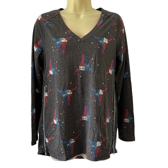 PrinStory Gray Patriotic Print Long Sleeve Knit Top NWT - Picture 1 of 11